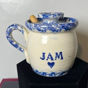 Artisan Pottery Handmade Jam Jar Blue Sponge Heart‎ Lidded with Wooden Spoon